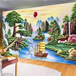 Tranh sơn dầu phong cảnh chiếc thuyền trên sông và chim hạc decor tường