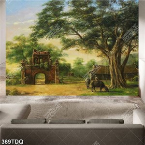 Tranh chú bé chăn trâu bên cây đa bên cổng làng in uv