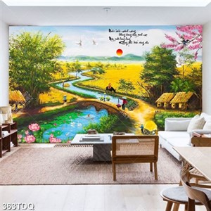 Tranh sơn dầu làng quê Việt Nam in kính