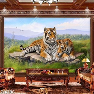 Tranh sơn dầu đôi hổ trên đồng cỏ in chất lượng cao