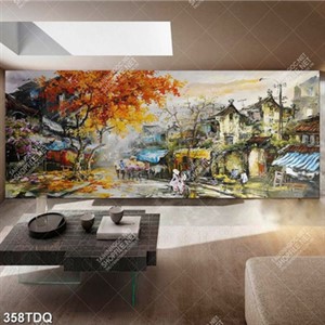 Tranh sơn dầu mùa thu trên phố cổ in uv