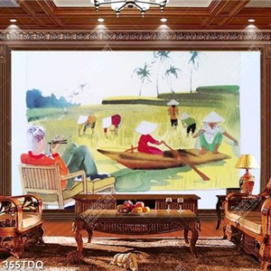 Tranh dán tường sơn dầu những cô thôn nữ đang cấy lúa