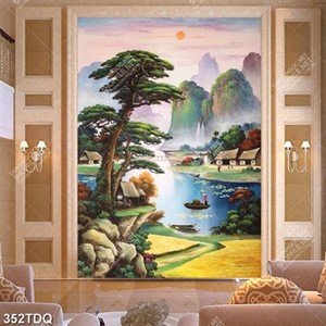 Tranh ngôi làng nhỏ bên dòng sông xanh in uv