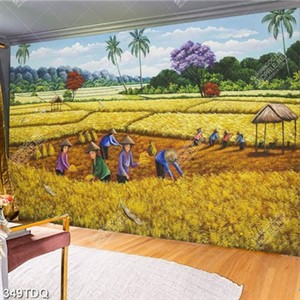 Tranh dán tường cô thôn nữ thu hoạch lúa chín vàng in kính