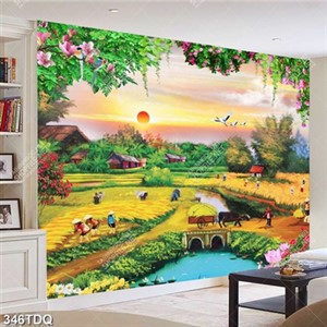 Tranh những cô thôn nữa vui vẻ thu hoạch lúa chín vàng