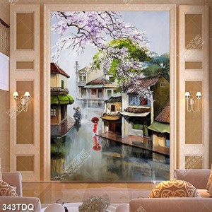 Tranh phố cổ sau cơn mưa đẹp nghệ thuật