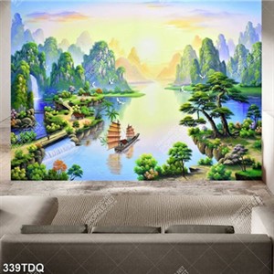 Tranh thuyền bè trên con sông quê gắn tường