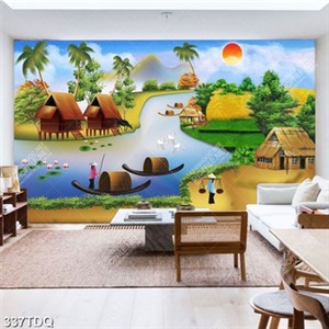 Tranh cô gái chèo thuyền trên sông bên cánh đòng lúa đẹp nhất