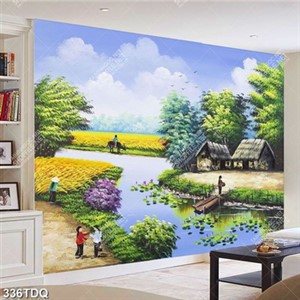 Tranh chú bé chăn trâu bên cánh đồng lúa chín chất lượng cao