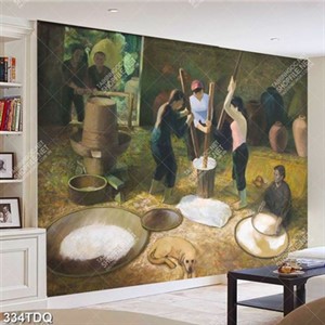 Tranh sơn dầu decor tường những cô thôn nữa đâng giã gạo đẹp nghệ thuật