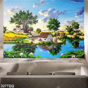 Tranh những người nông dân đang thu hoạch lúa bên đình làng in uv