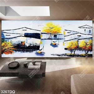 Tranh phong cảnh làng quê dòng sông bên cổng làng in kính