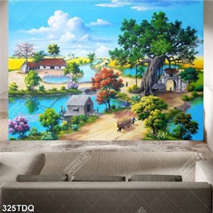 Tranh phong cảnh làng quê dòng sông bên cổng làng in kính