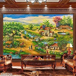 Tranh sơn dầu làng quê bình yên trang trí tường