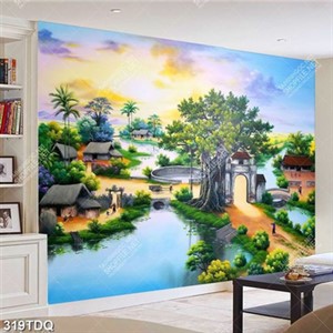 Tranh làng quê cây đa cổ thụ bên dòng sông chất lượng cao