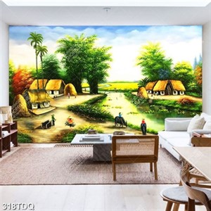 Tranh đồng quê những ngôi nhà mái lá bên dòng sông file gốc