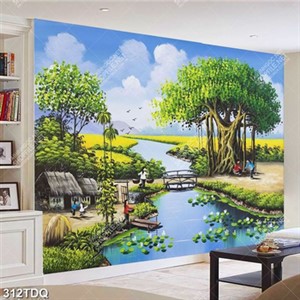 Tranh làng quê những cô gái bên cây đa đầu làng in kính