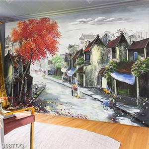 Tranh cây lá đỏ bên phố cổ đẹp nghệ thuật