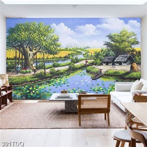 Tranh cây đa bên hồ sen decor phòng khách
