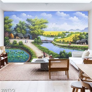 Tranh dòng sông bên ngôi nhà và ruộng lúa đẹp nhất