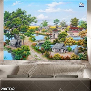 Tranh decor phòng khách phong cảnh làng quê sớm mai in kính