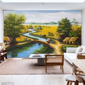 Tranh cánh đồng lúa bên rặng tre xanh in kính decor tường
