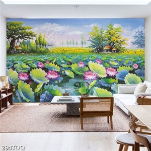 Tranh sơn dầu hồ sen bên cánh đồng lúa đẹp decor tường