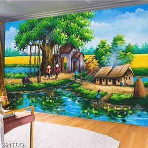 Tranh chú bé chăn trâu bên cây đa trước đình làng file gốc