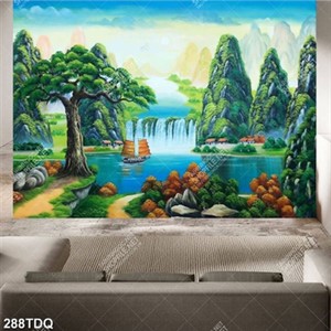 Tranh sơn dầu những ngôi nhà nhỏ bên thác nước in uv