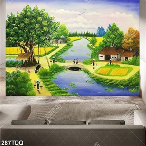 Tranh dòng sông xanh bên đồng lúa vàng đẹp nhất