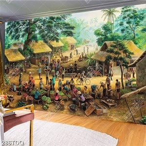 Tranh chợ phiên trên làng quê in kính
