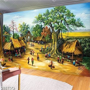 Tranh chợ phiên sớm mai trên làng quê in uv