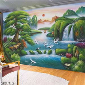Tranh sơn dầu phong cảnh thác nước và chim hạc trang trí tường