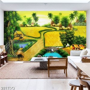 Tranh làng quê xưa cánh đồng lúa chín vàng decor tường