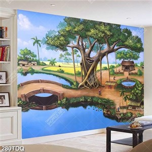 Tranh phong cảnh làng quê cây đa đầu làng đẹp nhất
