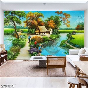 Tranh làng quê xưa con đường mòn dẫn vào ngôi nhà lá