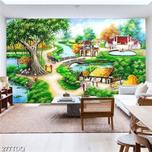 Tranh phong cảnh làng quê và cây đa đầu làng