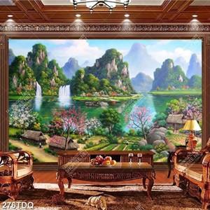 Tranh ngôi làng nhỏ bên sông núi chất lượng cao