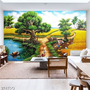 Tranh trang trí tường làng quê nhộn nhịp khi mùa lúa chín