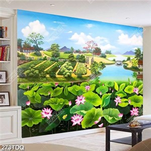 Tranh hồ sen bên ngôi làng nhỏ đẹp in uv