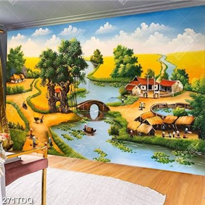 Tranh làng quê sớm mai bên ruộng lúa