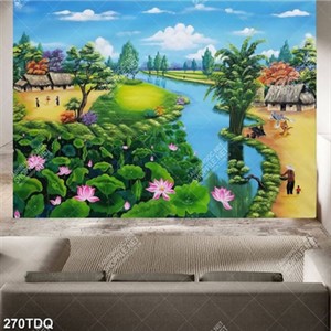 Tranh làng quê hồ sen bên ngôi nhà lợp lá đẹp nhất