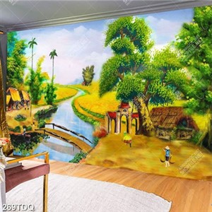 Tranh đồng quê ruộng lúa chín vàng bên dòng sông thơ mộng