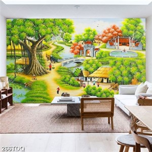 Tranh đồng quê xưa những đứa bé nô đùa bên ngôi nhà lợp lá bình yên