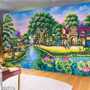 Tranh đồng quê xưa hoa sen trên con sông đầu làng đẹp nhất