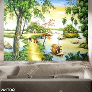 Tranh làn quê xưa con đường nhỏ bên dòng sông chất lượng cao