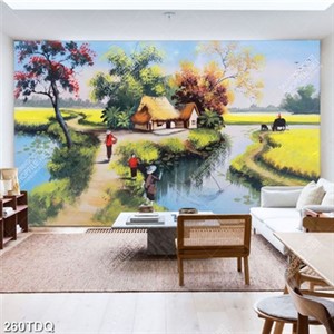 Tranh ngôi nhà lá bên dòng sông nhỏ bình yên