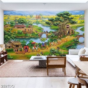 Tranh đồng quê vinh quy bái tổ bên cổng làng in kính