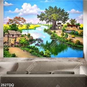 Tranh làng quê ngôi nhà lá bên dòng sông đẹp nghệ thuật