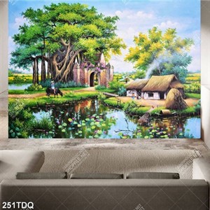 Tranh cây cổ thụ bên cổng làng decor tường